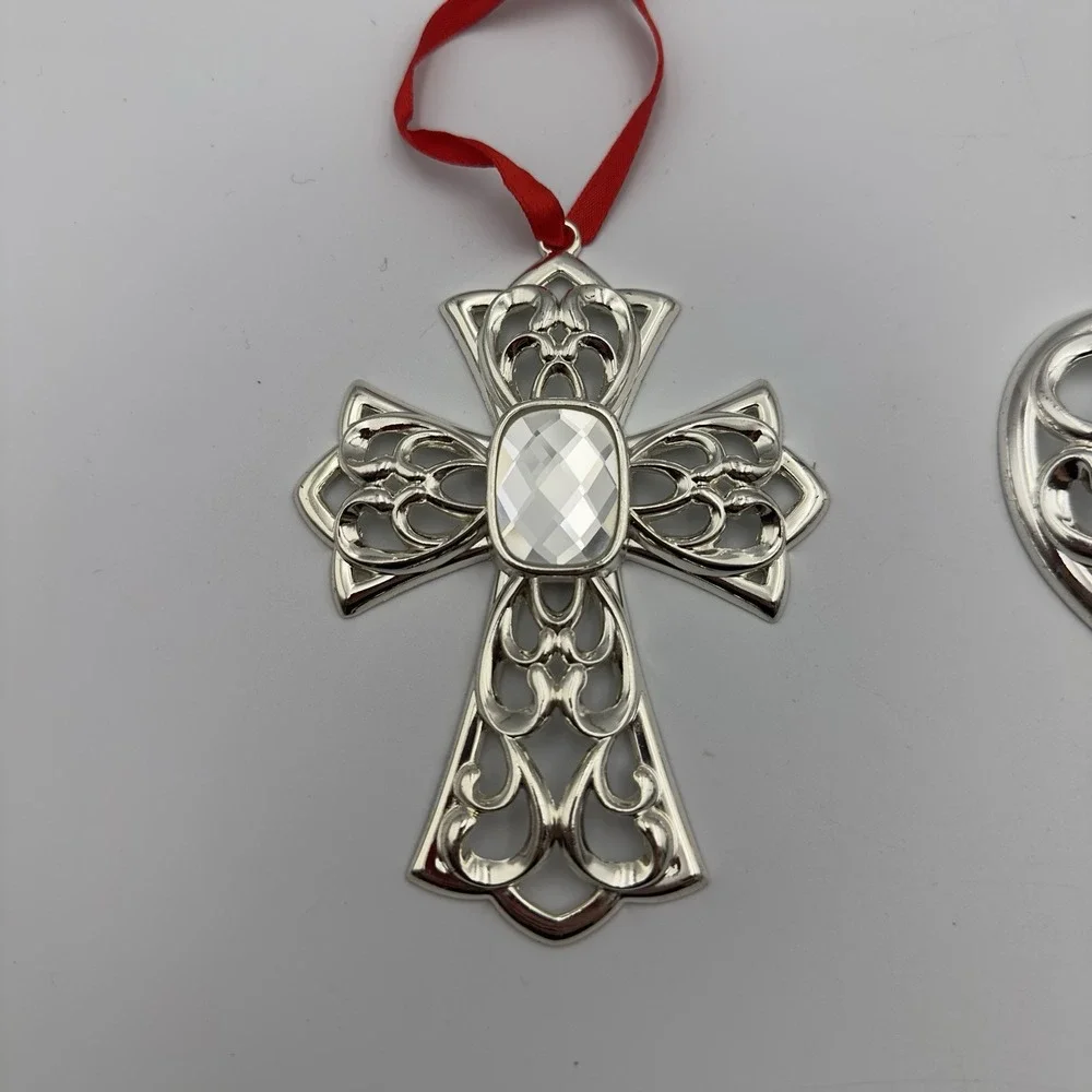 Lot Of 2 Large Lenox Silvertone Cross Heart Ornament Faceted‎ Clear Red Crystal